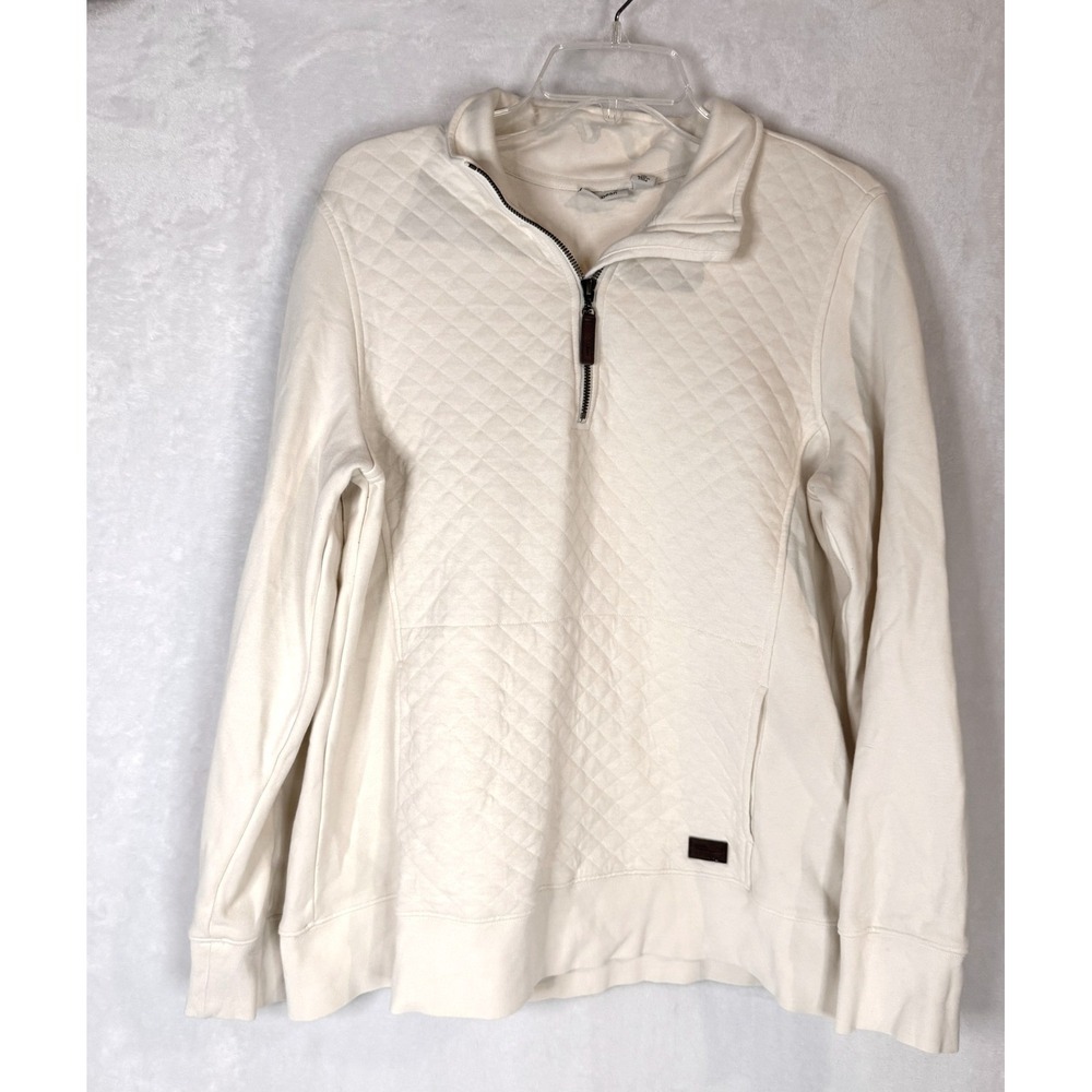 L.L.Bean Quilted Quarter‎ Zip Pullover Sweatshirt Womens L Ivory Kangaroo Pocket
